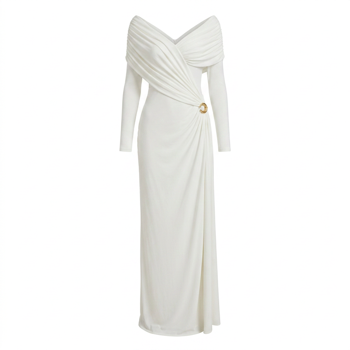 Draped V-Neck Long-Sleeve Column Maxi Dress-Vyana Collective