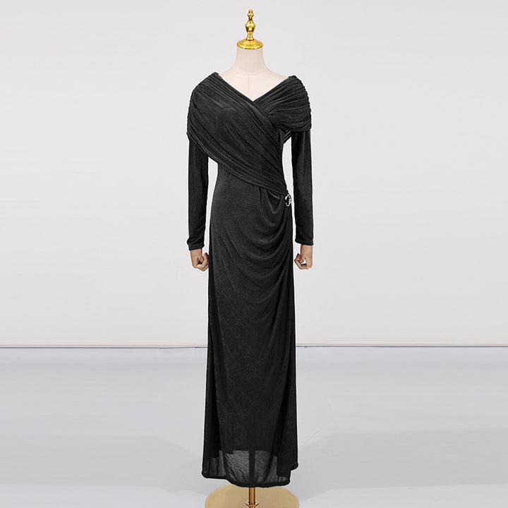 Draped V-Neck Long-Sleeve Column Maxi Dress-Vyana Collective
