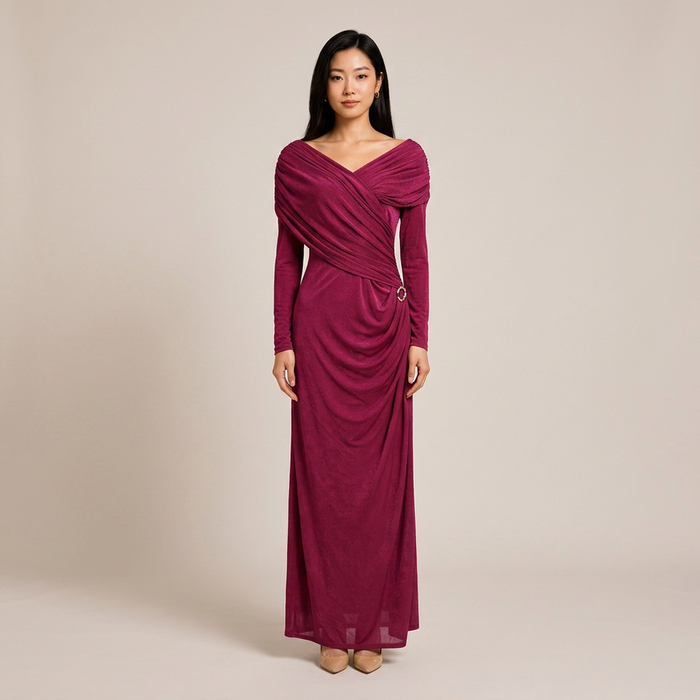 Draped V-Neck Long-Sleeve Column Maxi Dress-Vyana Collective