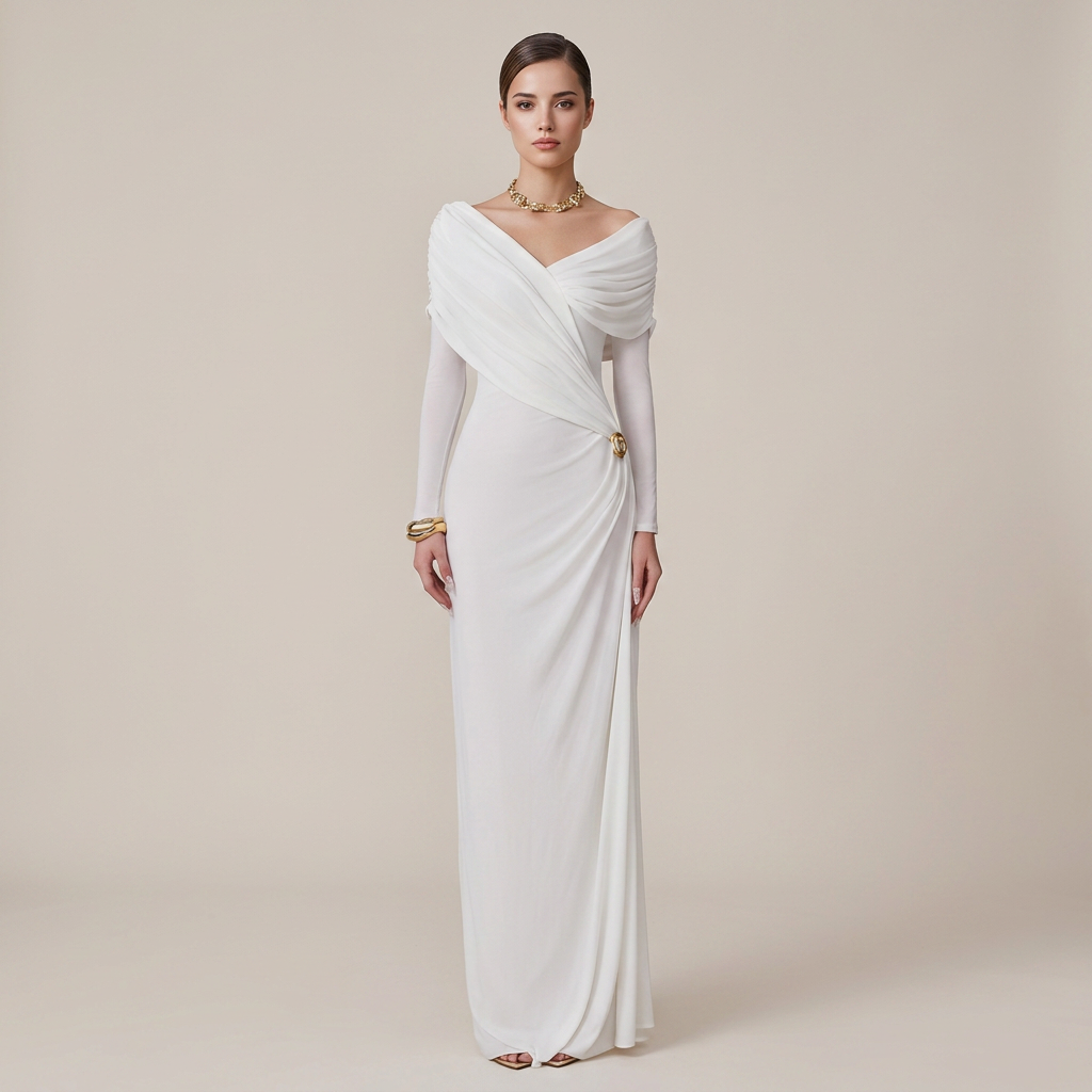 Draped V-Neck Long-Sleeve Column Maxi Dress-Vyana Collective