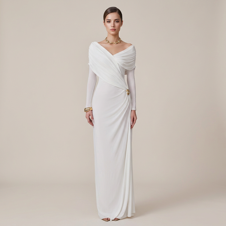 Draped V-Neck Long-Sleeve Column Maxi Dress-Vyana Collective