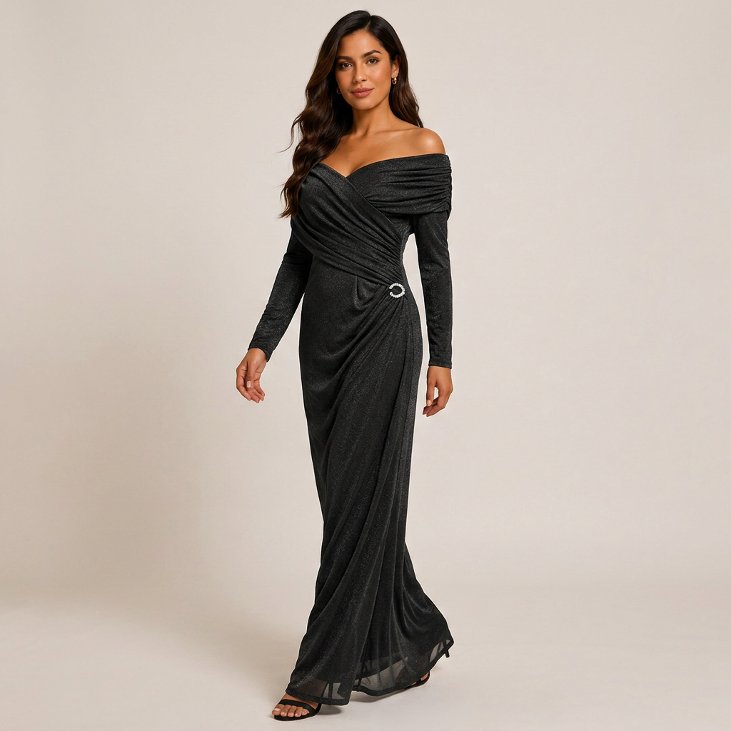 Draped V-Neck Long-Sleeve Column Maxi Dress-Vyana Collective