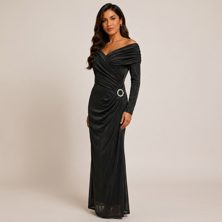 Draped V-Neck Long-Sleeve Column Maxi Dress-Vyana Collective