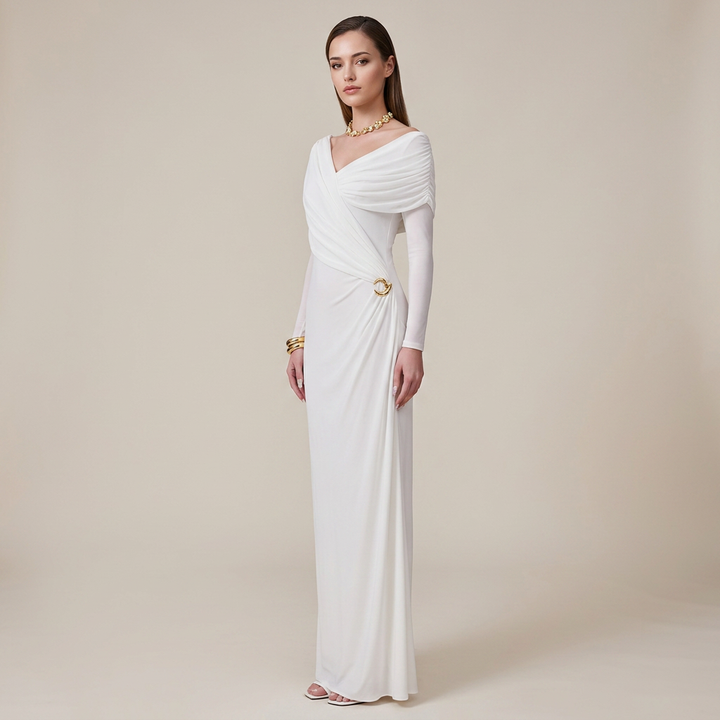 Draped V-Neck Long-Sleeve Column Maxi Dress-Vyana Collective
