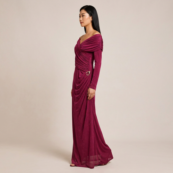 Draped V-Neck Long-Sleeve Column Maxi Dress-Vyana Collective