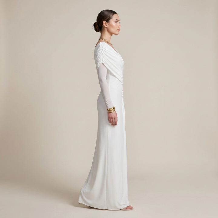 Draped V-Neck Long-Sleeve Column Maxi Dress-Vyana Collective
