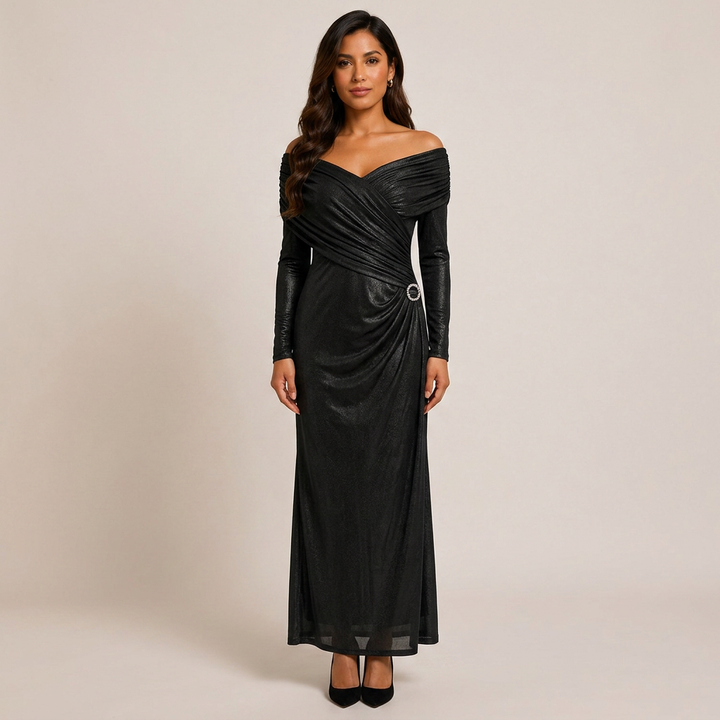 Draped V-Neck Long-Sleeve Column Maxi Dress-Vyana Collective