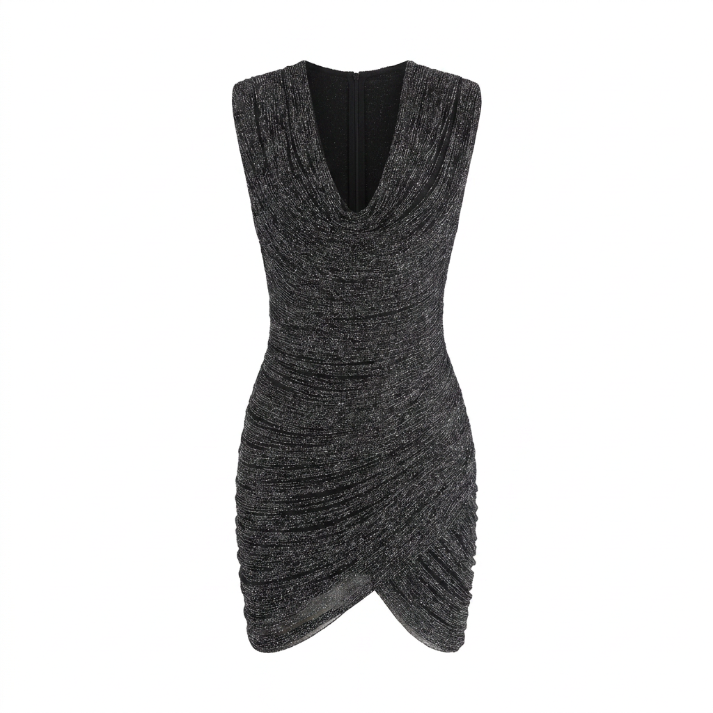 Draped V-Neck Metallic Bodycon Mini Dress-Vyana Collective