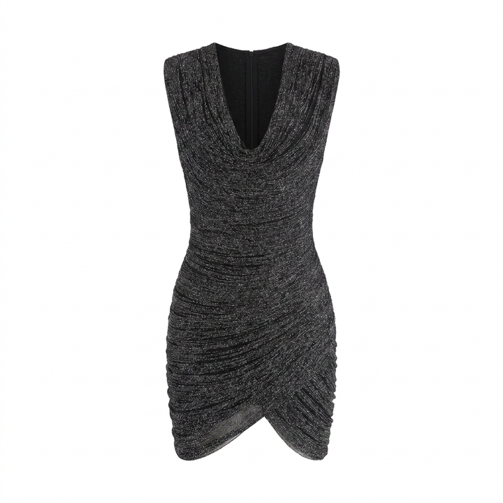 Draped V-Neck Metallic Bodycon Mini Dress-Vyana Collective