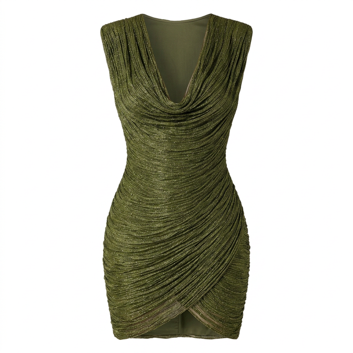 Draped V-Neck Metallic Bodycon Mini Dress-Vyana Collective