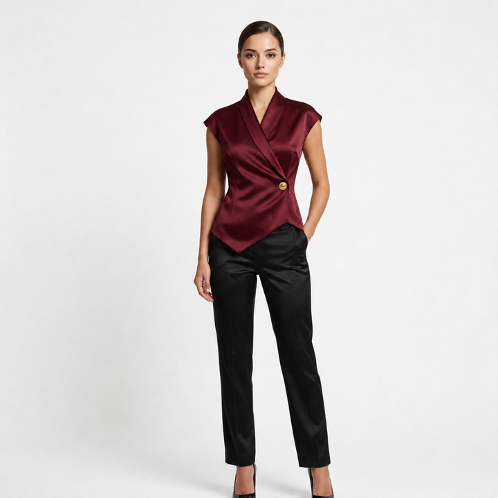 Elegant Cap Sleeve Satin Wrap Blouse for Meetings Ready and Evening Elegance Women-Vyana Collective