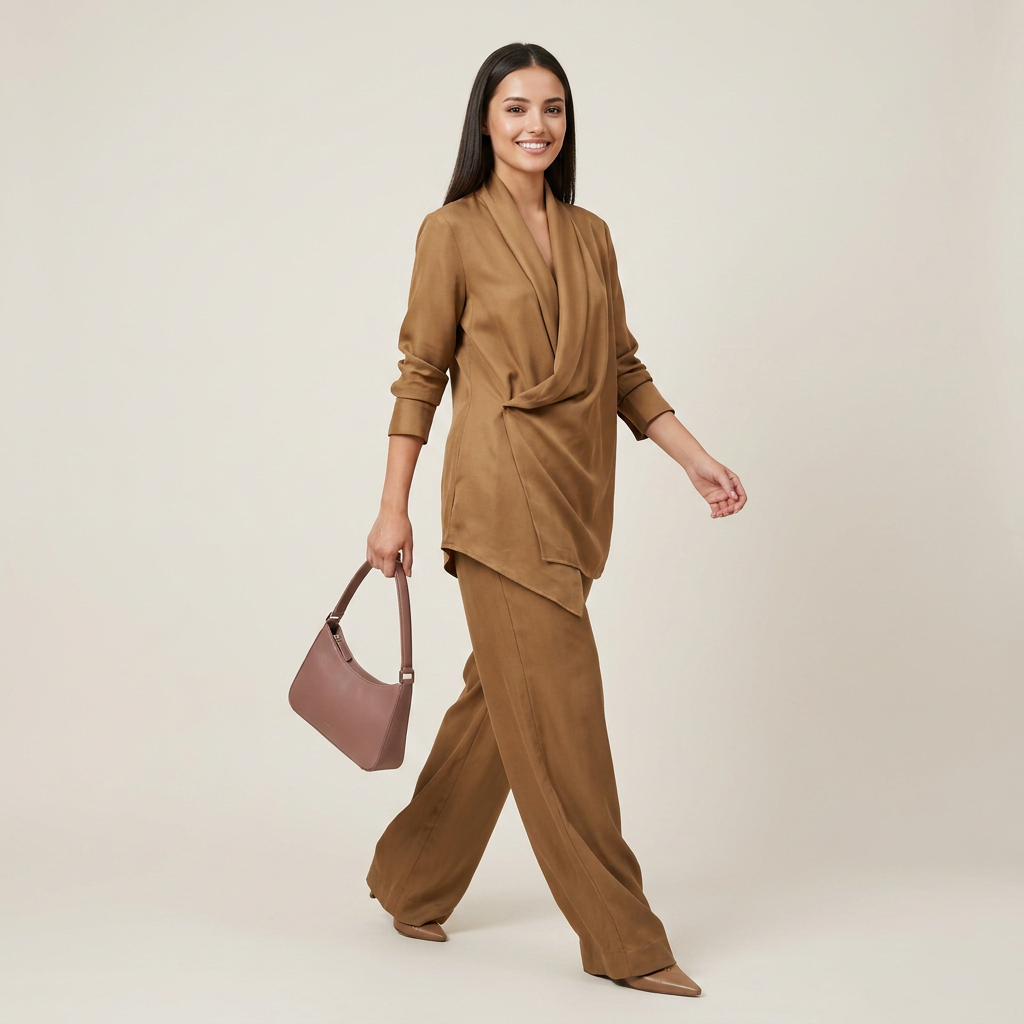Elegant Draped Blouse and Wide Leg Pants Set for Office-Vyana Collective