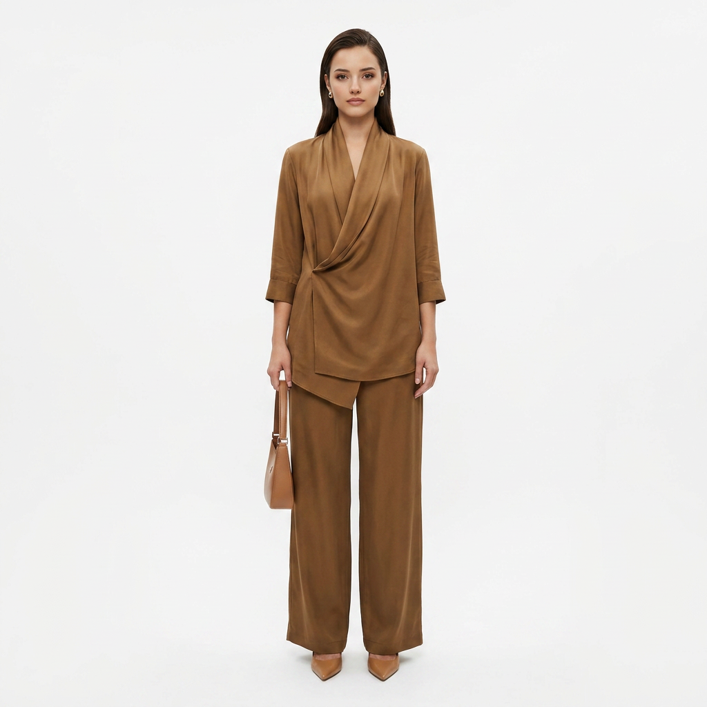 Elegant Draped Blouse and Wide Leg Pants Set for Office-Vyana Collective