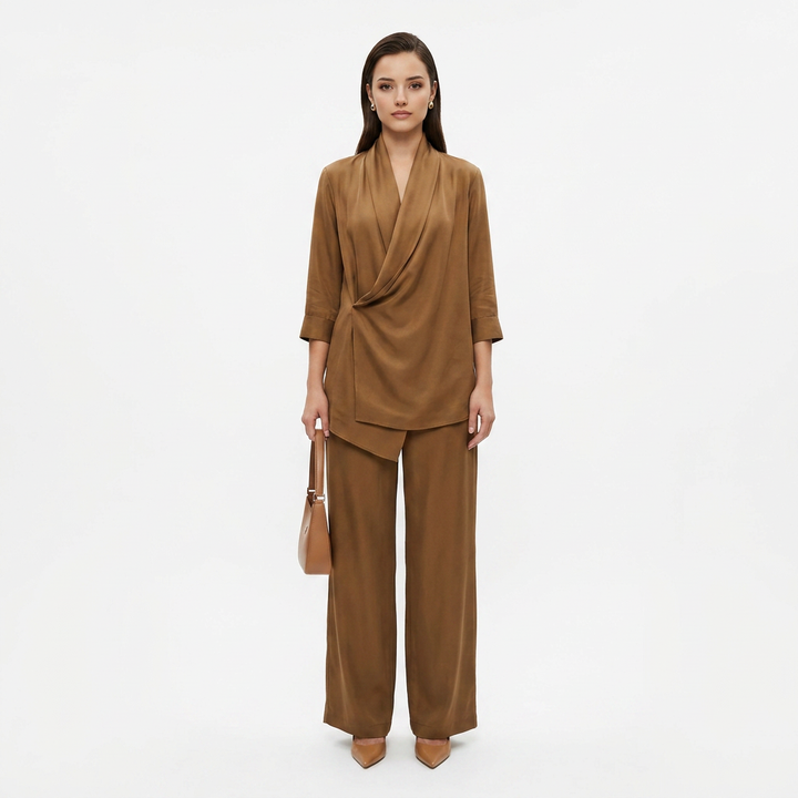 Elegant Draped Blouse and Wide Leg Pants Set for Office-Vyana Collective