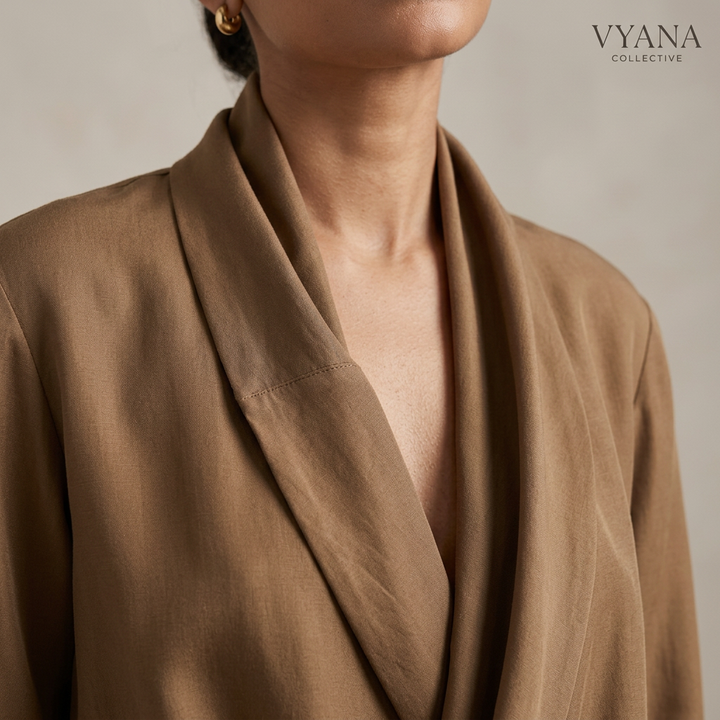 Elegant Draped Blouse and Wide Leg Pants Set for Office-Vyana Collective