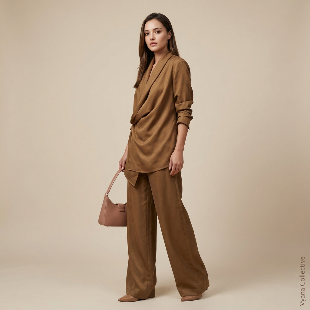 Elegant Draped Blouse and Wide Leg Pants Set for Office-Vyana Collective