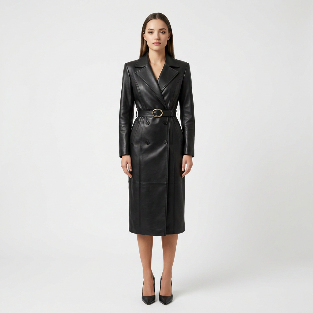 Elegant Leather Notched Lapel Trench Coat for Office-Vyana Collective