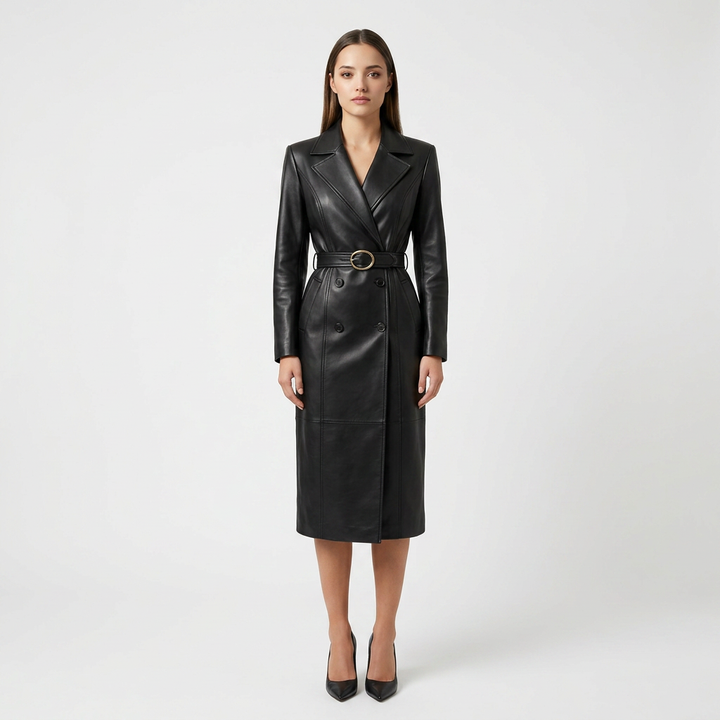 Elegant Leather Notched Lapel Trench Coat for Office-Vyana Collective