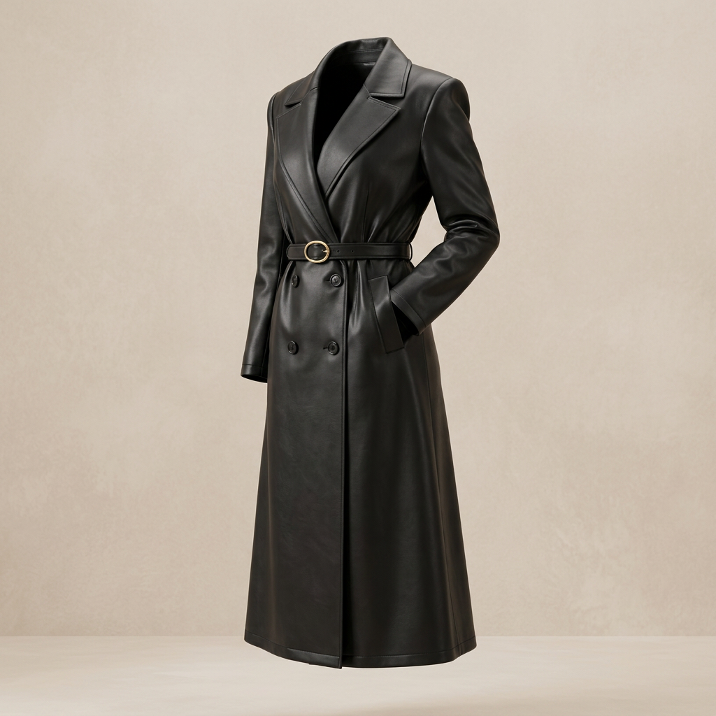 Elegant Leather Notched Lapel Trench Coat for Office-Vyana Collective