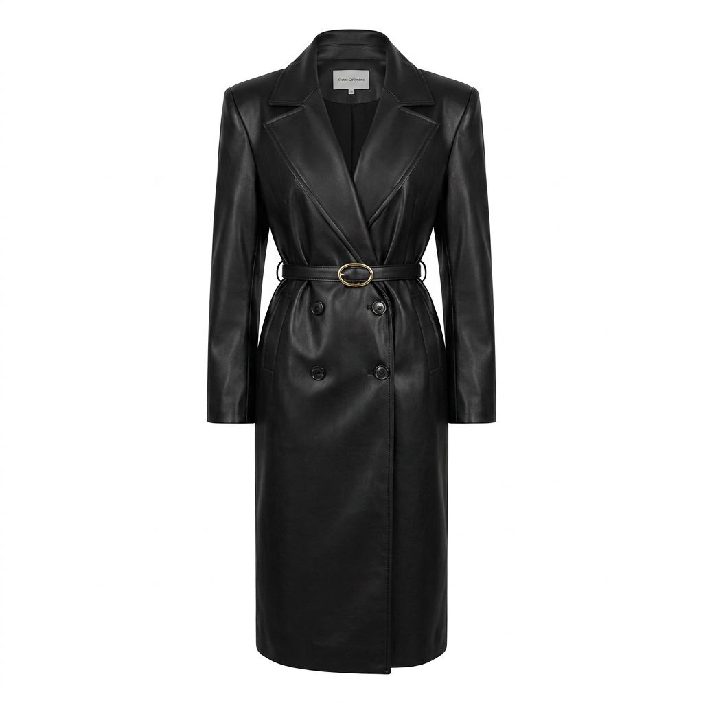Elegant Leather Notched Lapel Trench Coat for Office-Vyana Collective