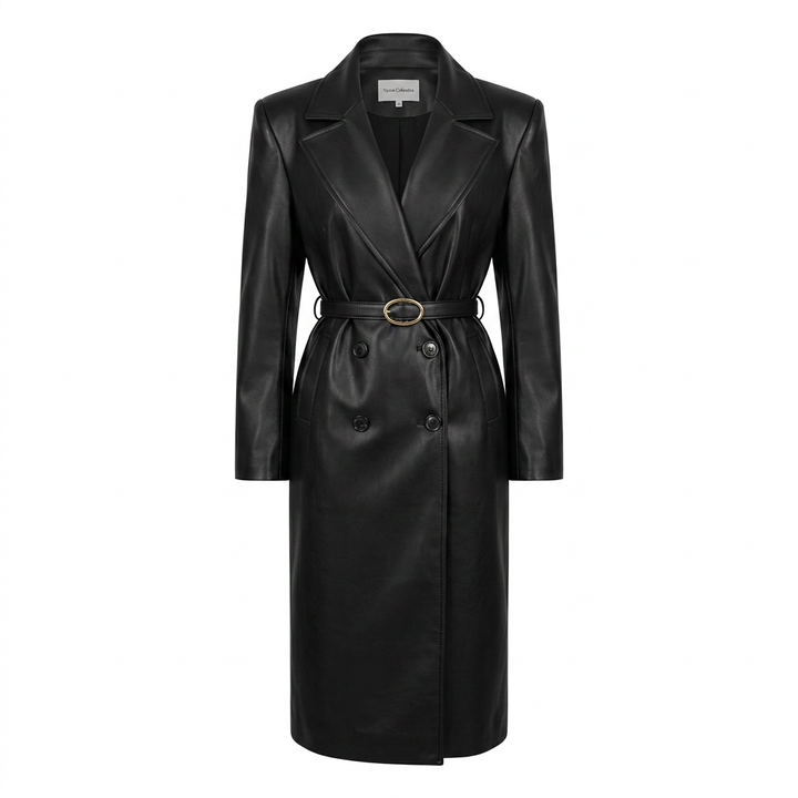 Elegant Leather Notched Lapel Trench Coat for Office-Vyana Collective