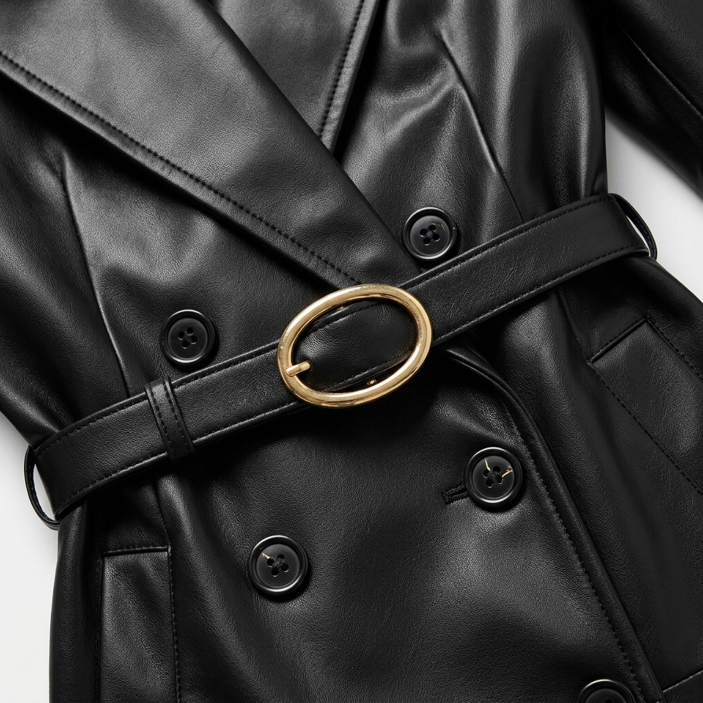 Elegant Leather Notched Lapel Trench Coat for Office-Vyana Collective