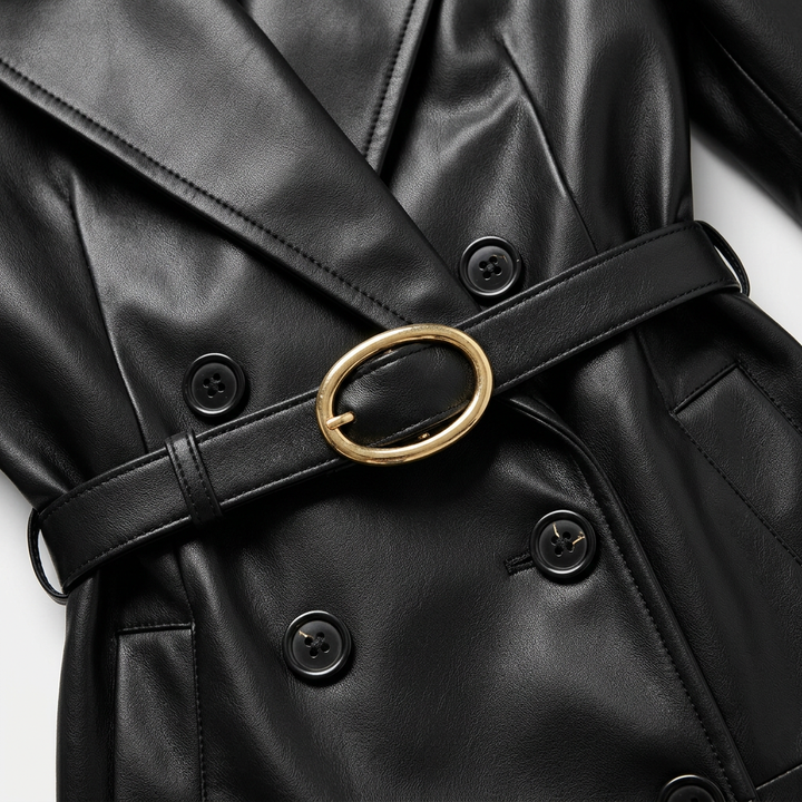 Elegant Leather Notched Lapel Trench Coat for Office-Vyana Collective