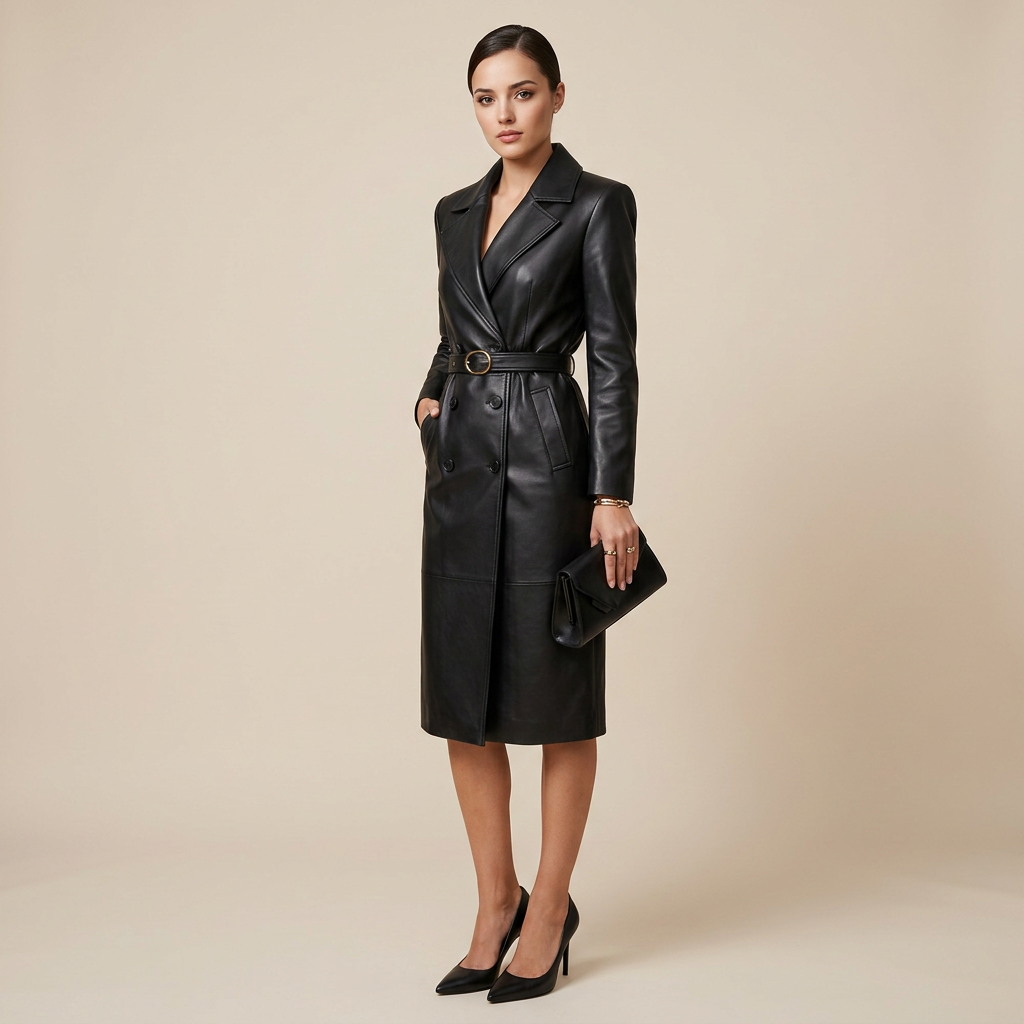 Elegant Leather Notched Lapel Trench Coat for Office-Vyana Collective