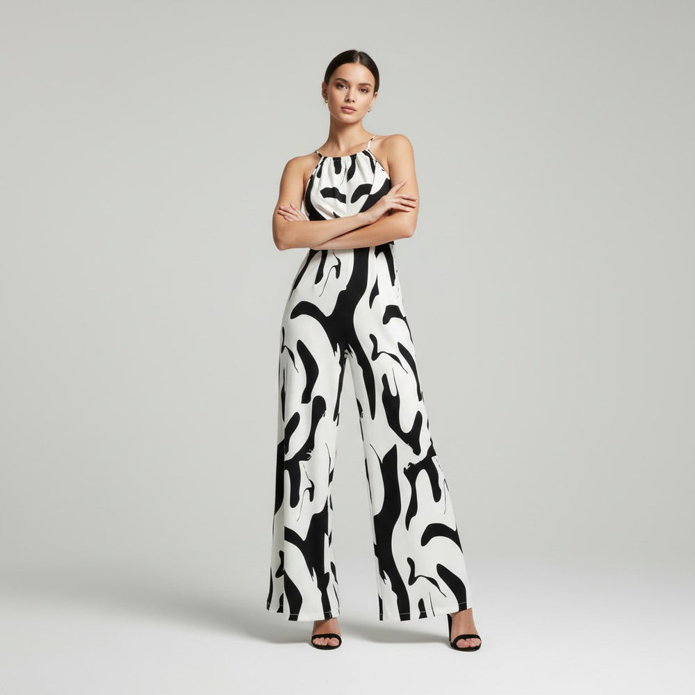 Elegant Pleated Printed Neck Support Jumpsuit-Vyana Collective