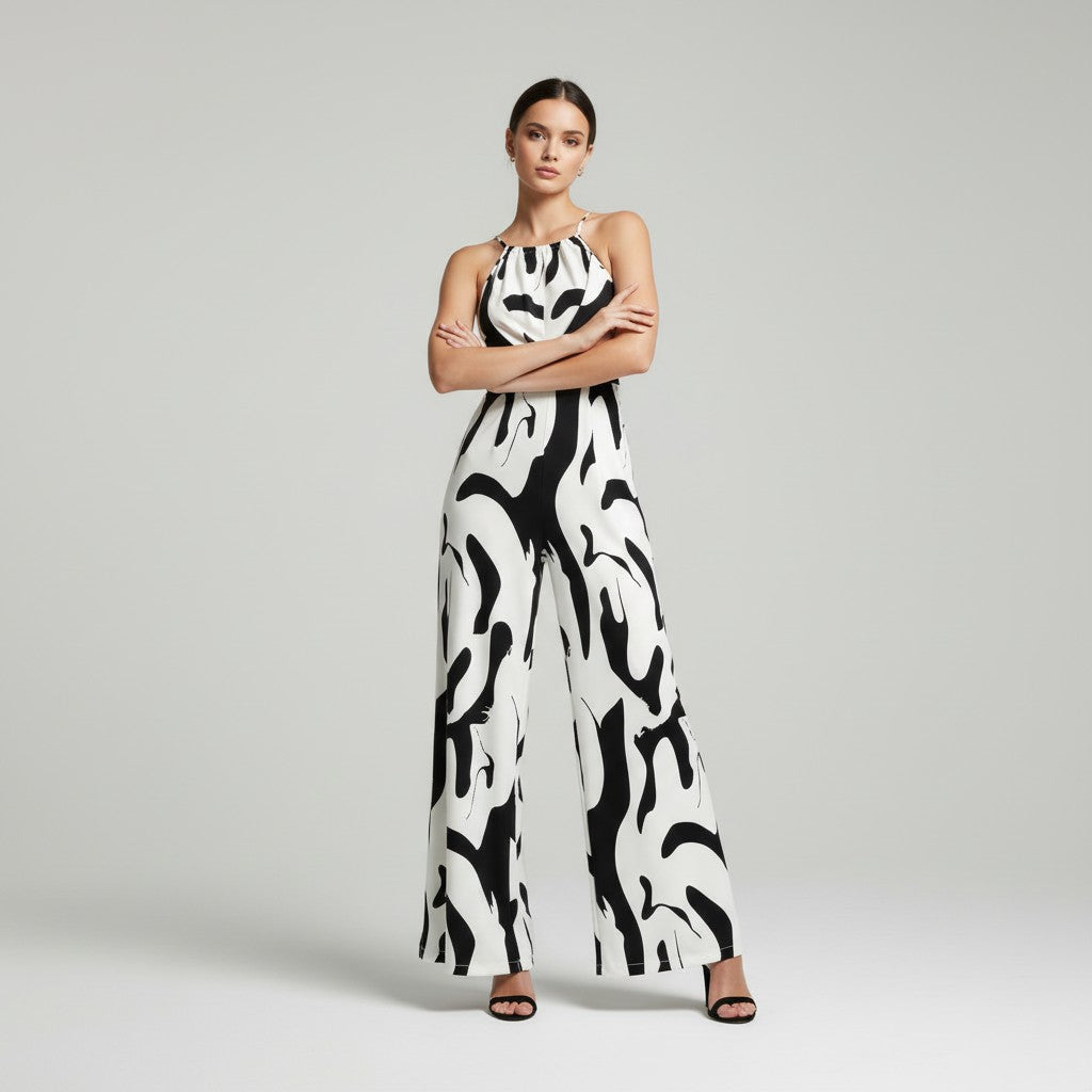 Elegant Pleated Printed Neck Support Jumpsuit-Vyana Collective