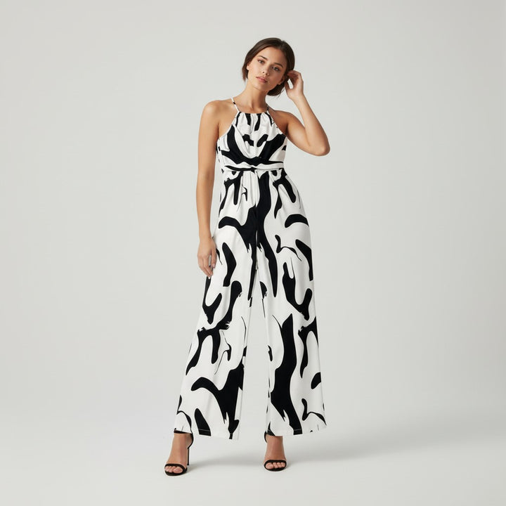 Elegant Pleated Printed Neck Support Jumpsuit-Vyana Collective