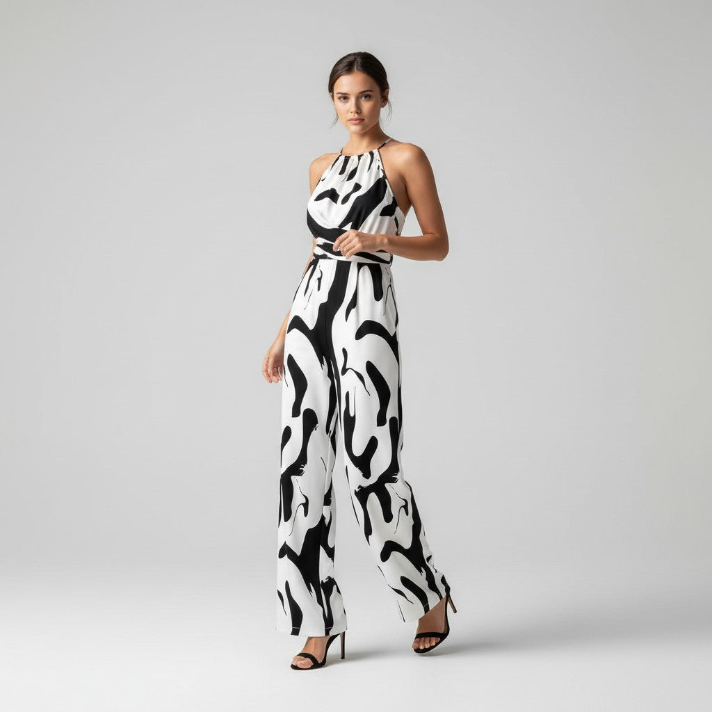 Elegant Pleated Printed Neck Support Jumpsuit-Vyana Collective