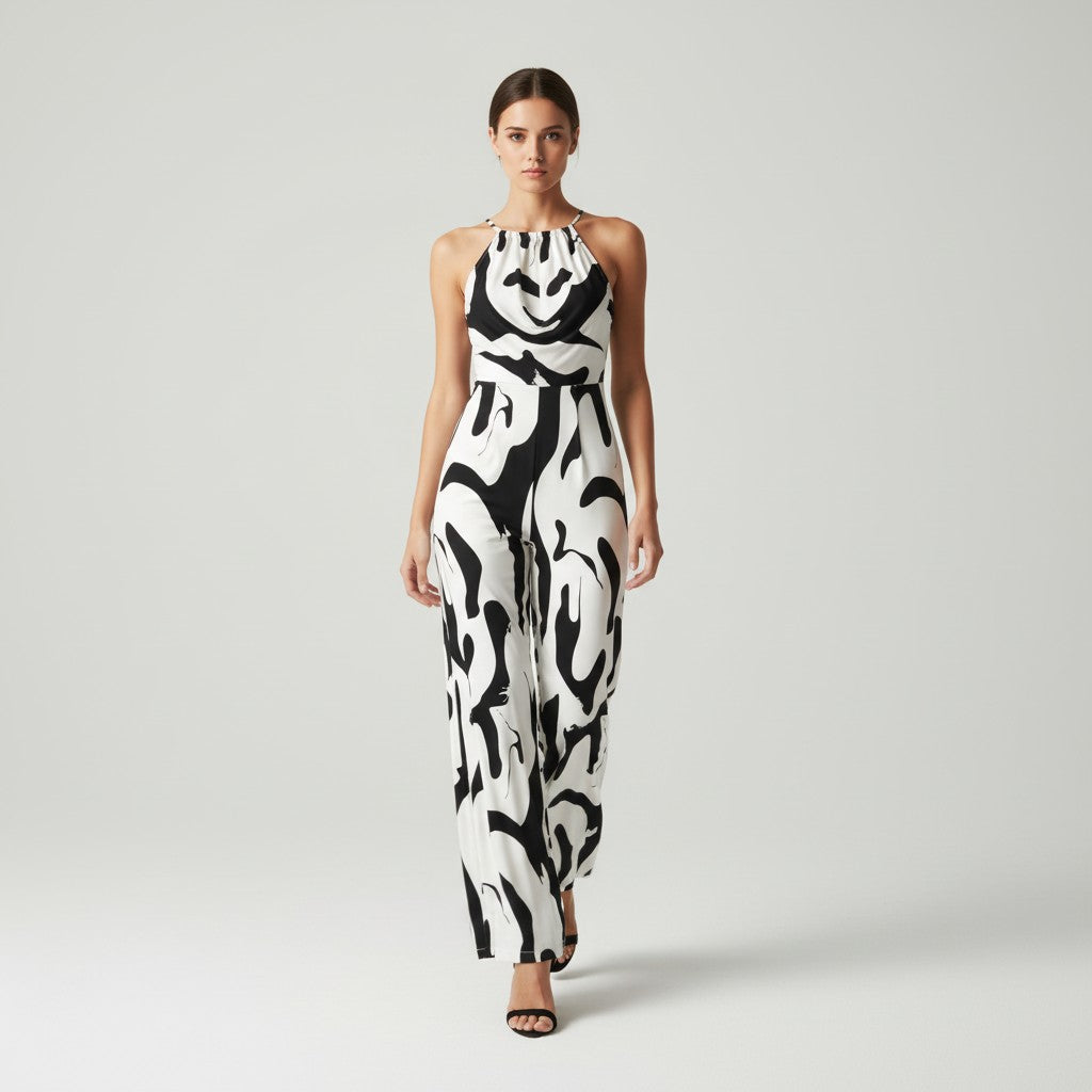 Elegant Pleated Printed Neck Support Jumpsuit-Vyana Collective