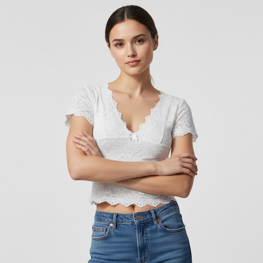 Elegant Women's V-Neck Lace Blouse with Bowknot-Vyana Collective