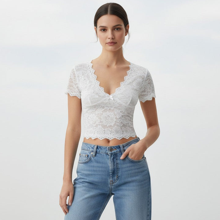 Elegant Women's V-Neck Lace Blouse with Bowknot-Vyana Collective