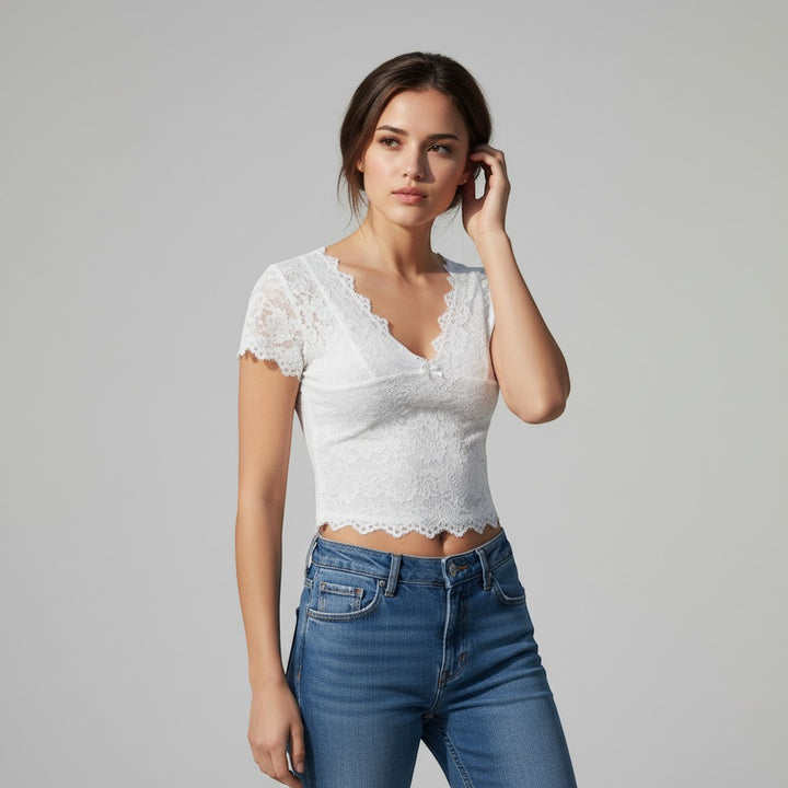 Elegant Women's V-Neck Lace Blouse with Bowknot-Vyana Collective