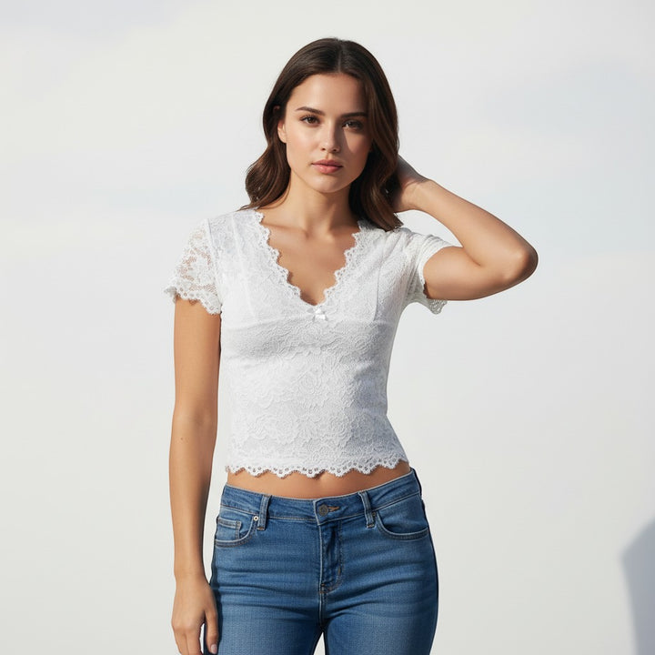 Elegant Women's V-Neck Lace Blouse with Bowknot-Vyana Collective