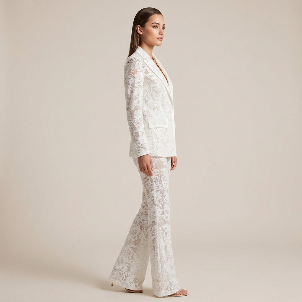 Embroidered Sequin Mesh Blazer and Wide Leg Pants Set for Gala Evenings and Luxury Events Women-Vyana Collective