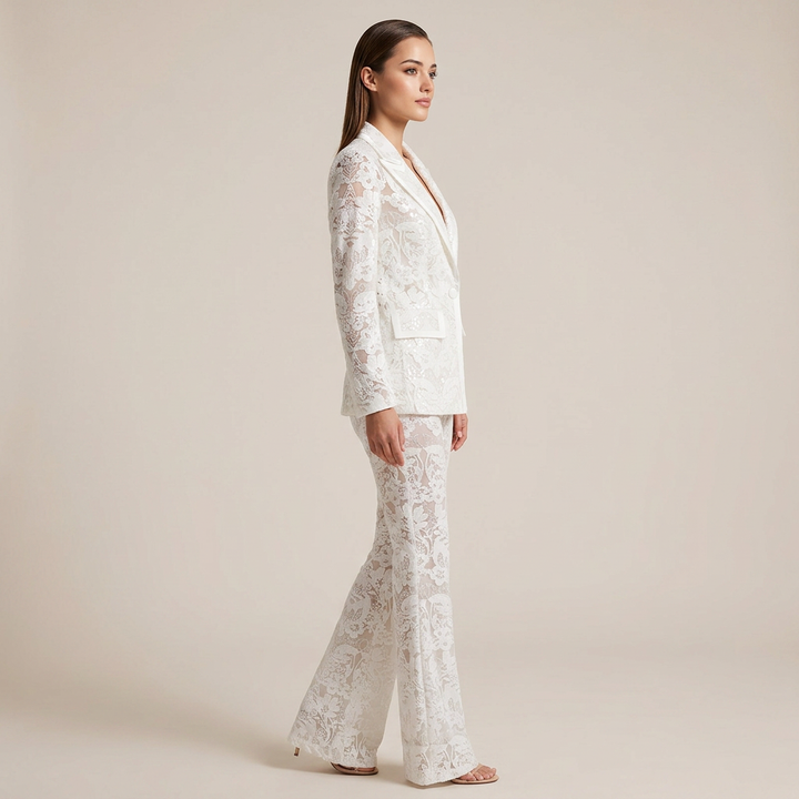 Embroidered Sequin Mesh Blazer and Wide Leg Pants Set for Gala Evenings and Luxury Events Women-Vyana Collective