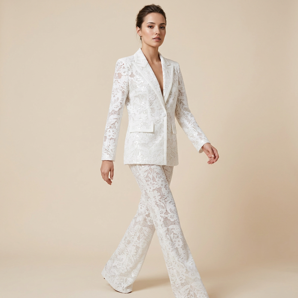 Embroidered Sequin Mesh Blazer and Wide Leg Pants Set for Gala Evenings and Luxury Events Women-Vyana Collective