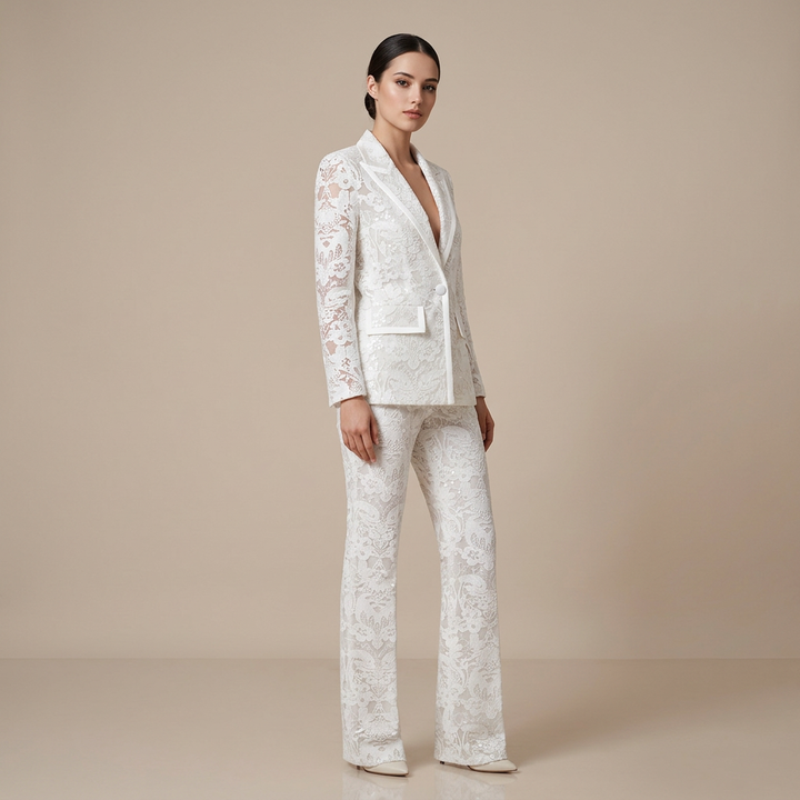 Embroidered Sequin Mesh Blazer and Wide Leg Pants Set for Gala Evenings and Luxury Events Women-Vyana Collective