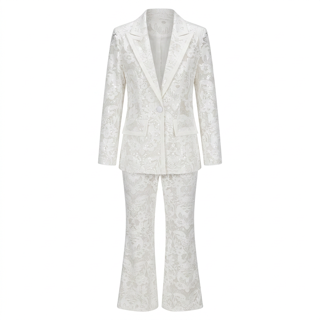 Embroidered Sequin Mesh Blazer and Wide Leg Pants Set for Gala Evenings and Luxury Events Women-Vyana Collective