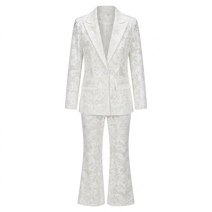 Embroidered Sequin Mesh Blazer and Wide Leg Pants Set for Gala Evenings and Luxury Events Women-Vyana Collective