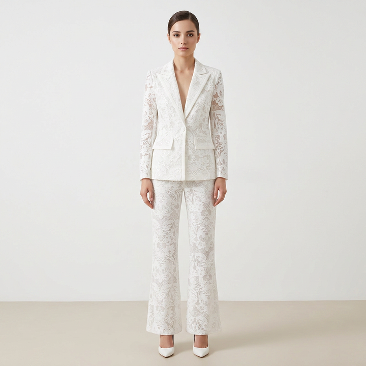 Embroidered Sequin Mesh Blazer and Wide Leg Pants Set for Gala Evenings and Luxury Events Women-Vyana Collective