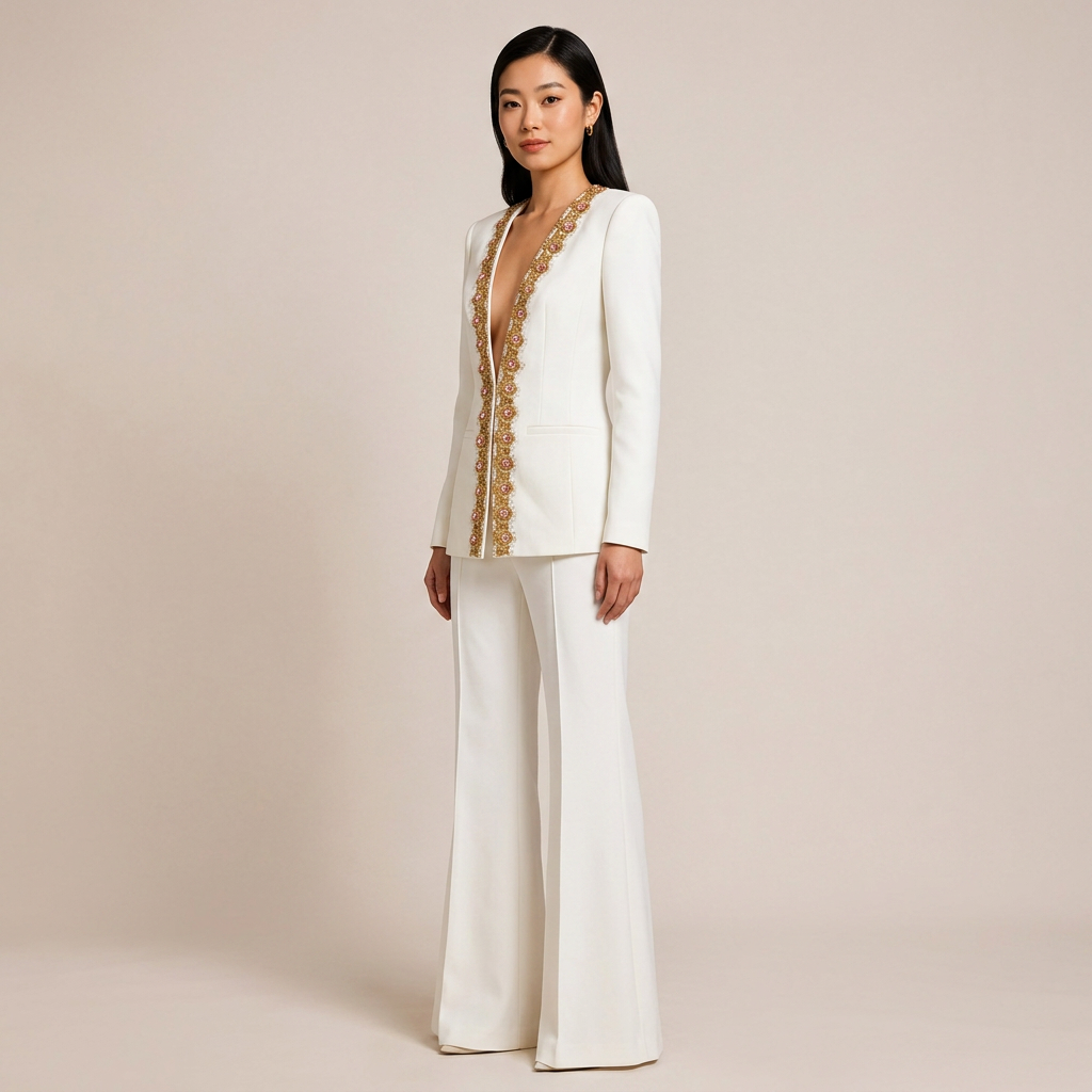 Embroidered Sequin Trim Blazer and Wide Leg Pants Set for Meetings Ready and Executive Elegance Women-Vyana Collective