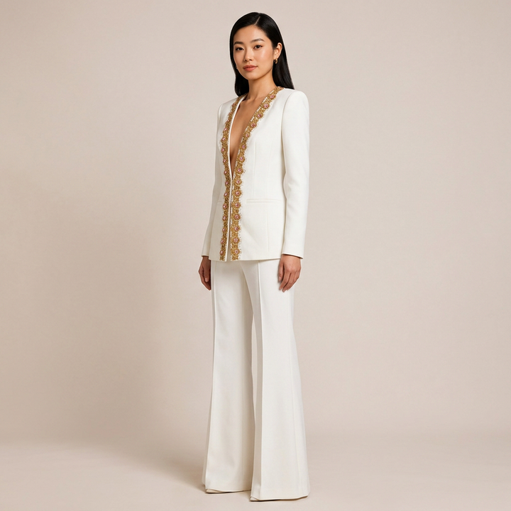 Embroidered Sequin Trim Blazer and Wide Leg Pants Set for Meetings Ready and Executive Elegance Women-Vyana Collective