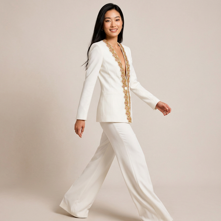 Embroidered Sequin Trim Blazer and Wide Leg Pants Set for Meetings Ready and Executive Elegance Women-Vyana Collective