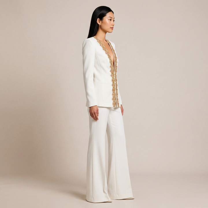Embroidered Sequin Trim Blazer and Wide Leg Pants Set for Meetings Ready and Executive Elegance Women-Vyana Collective