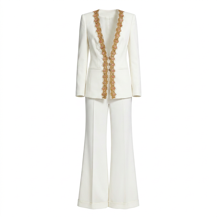 Embroidered Sequin Trim Blazer and Wide Leg Pants Set for Meetings Ready and Executive Elegance Women-Vyana Collective