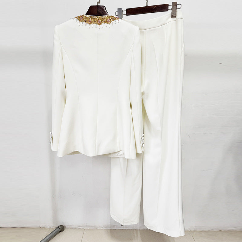Embroidered Sequin Trim Blazer and Wide Leg Pants Set for Meetings Ready and Executive Elegance Women-Vyana Collective